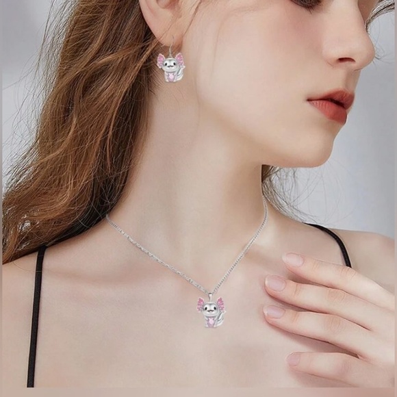 Silver and Pink Axolotl Earrings and Necklace Set - Picture 1 of 11